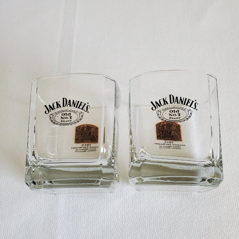 Jack Daniels 1913 Ghent Belgium Set of 2 Old No. 7 Square Whiskey Glasses